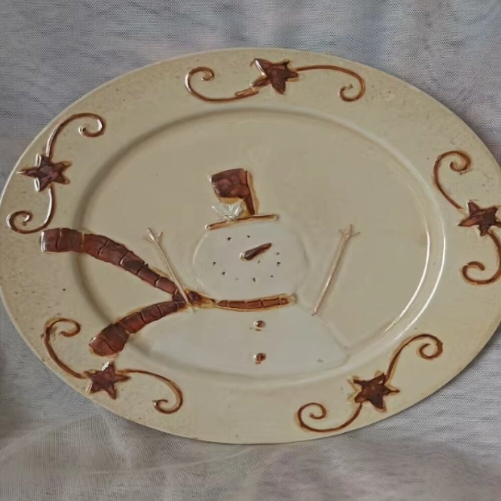 Unused ceramic platter with festive snowman art